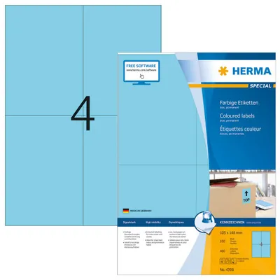 Obrázok produktu pre HERMA 4398, Modrá, Samolepiaci štítok, A4, Papája, Laserový, Permanentný