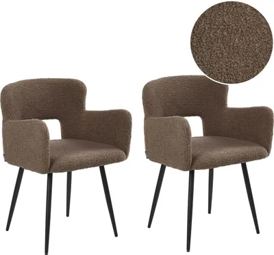Produktbild von BELIANI Esszimmerstuhl 2er Set Braun Bouclé Stoffbezug mit Hohen Armlehnen Schwarzen Beinen aus Metall Modern Wohnzimmer Esszimmer Küche Möbel