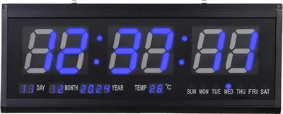 Produktbild von LED Wanduhr - Digital 48×19 cm - Automatische Dimmung - Lautlos - Uhrzeit/Datum/Temperatur - 220 V Netzbetrieb - Blau