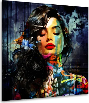 Produktbild von Abstrakt Frau Graffiti Street Art Style Leinwandbild Wandbild Kunstdruck Wanddeko: 100x100x4cm