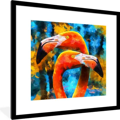 Produktbild von MuchoWow® Gerahmtes Poster Ölgemälde - Vogel - Flamingo 40x40 cm - Poster mit Schwarzem Bilderrahmen Wandposter Rahmen Foto Bilder - Poster - Plakat im Rahmen