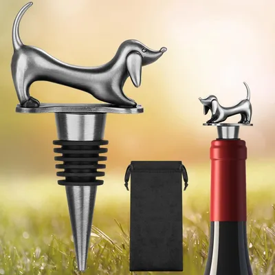 Imagen del producto de Tapón para botella de vino con forma de teckel - Regalos divertidos con forma de teckel - Decoración con teckels - Regalo de cumpleaños - Regalos de vino para hombres y mujeres