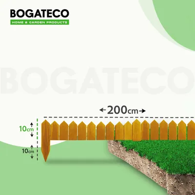 Produktbild von BOGATECO Rollborder Holzlatten | 10cm Hoch & 200cm lang | Holz-Zaun | Staketenzaun Perfekt als Beet-Umrandung | Braun