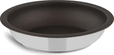 A close-up studio shot of a pan with a dark interior and a silver exterior.