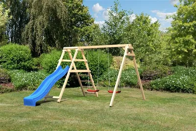 Produktbild von Doppelschaukel AKUBI Felix mit Klettergerüst und Rutsche blau