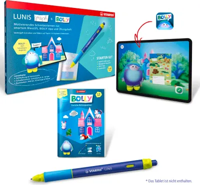 A product shot showcasing a starter set for a children's learning toy, including a box, a tablet displaying an app, and a workbook.