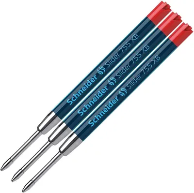 Three blue and red ink pen refills are arranged diagonally on a white background.