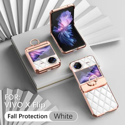 Immagine prodotto di Custodia in pelle per Vivo X Flip con supporto ad anello, custodia protettiva lucida con protezione a cerniera Bianco