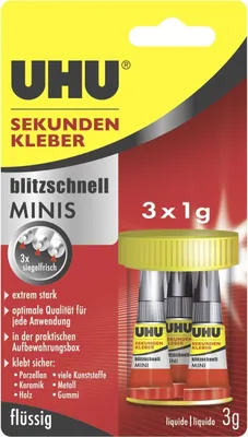 Produktbild von UHU Sekundenkleber blitzschnell MINIS 3 Tuben à 1 g in Aufbewahrungsbox