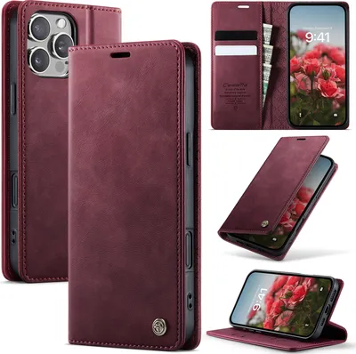 A collage of images showcasing a red leather iPhone case with multiple views and features.