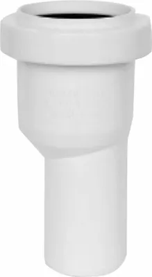 A white plastic pipe fitting, likely for plumbing.