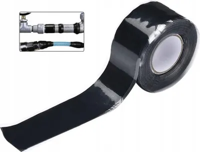 A roll of black sealing tape is shown, with an inset image demonstrating its use on pipes.