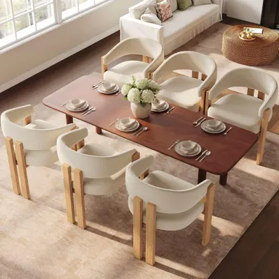 Image de Lot de 6 chaises de salle à manger : design ergonomique, rembourrage épais, pieds robustes en fer aspect bois, respirantes, faciles d'entretien, pour le salon, la salle à manger ou la chambre à coucher.