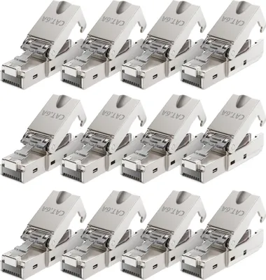 Produktbild von deleyCON 12x CAT 6a Werkzeugloser RJ45 Netzwerkstecker mit LSA Anschluss für Starre Verlegekabel Geschirmt 10 Gbit/s LAN Kabel Netzwerkkabel Stecker CAT6a Metallgehäuse