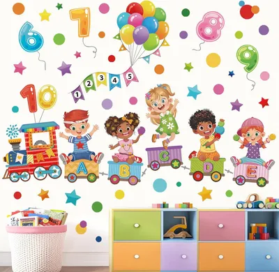 Imagen del producto de Calcomanías para pared, diseño infantil, tren, globos, números, alfabeto, autoadhesivas, de PVC, para decoración de habitaciones infantiles