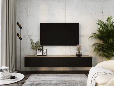 Immagine prodotto di Mobile TV sospeso - Design moderno. L: 2 x 100 cm, A: 34 cm, P: 32 cm. Mobile TV basso, mobile TV, credenza TV sospesa, WOTAN ROVERE/NERO OPACO
