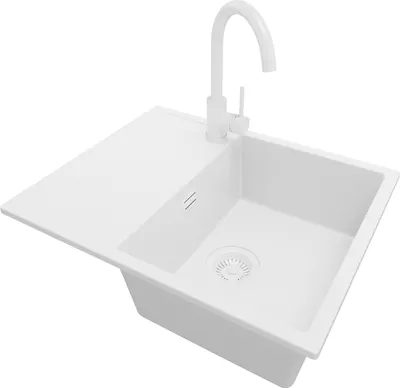 Produktbild von PRIMAGRAN Granitspüle Alles Weiß 62x50cm, Spülbecken 1 Becken + Küchenarmatur 32x20cm + Ablauf-Set, Küchenspüle ab 45er Unterschrank - Ibiza