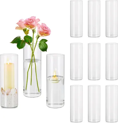 Produktbild von Glaszylinder Vasen Set von 12 - 20cm transparente Vase für Blumen - Große Hurrikan-Kerzenhalter für Pillar-Kerzen - Runde Blumenvasen für Hochzeits-Tischdekoration