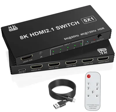 Productafbeelding van 8K HDMI Switch 5 in 1 Out, Splitter met Remote, Ondersteunt 3D/HDR/HDCP2.3