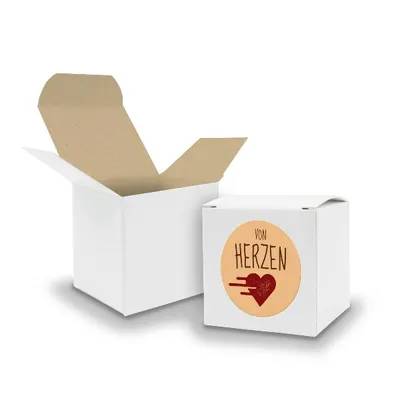 Produktbild von SET von HERZEN (Motiv14) 24x Faltschachtel Würfel 6,5cm weiß innen braun+Sticker