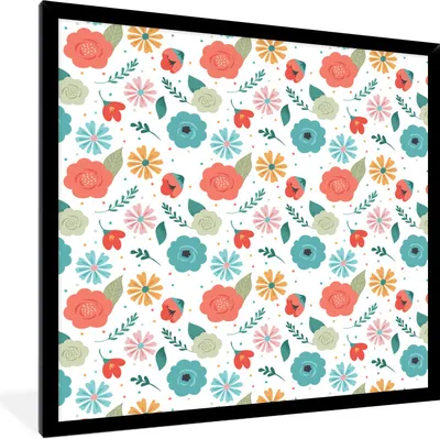Produktbild von MuchoWow® Gerahmtes Poster Blumen - Blätter - Muster 40x40 cm - Poster mit Schwarzem Bilderrahmen Wandposter Rahmen Foto Bilder - Mit Rahmen - Wanddekoration Schlafzimmer