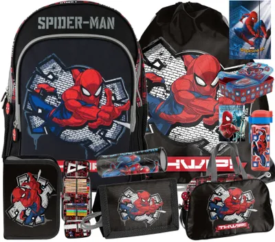 Produktbild von 10tlg Spiderman Schulranzen set Rucksack Federtasche Sportbeutel Trinkflasche Brotdose Reisetasche Brieftasche Notizbuch Einschlagmappe Schlamperta