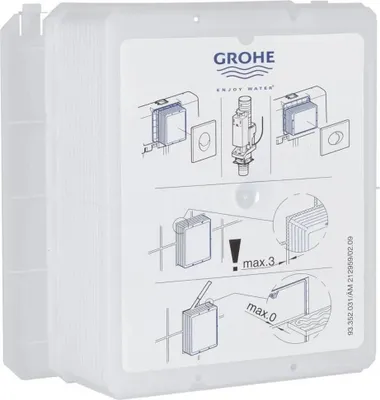 The image shows an instructional diagram for a Grohe product, likely a toilet cistern component, with diagrams illustrating installation and usage.