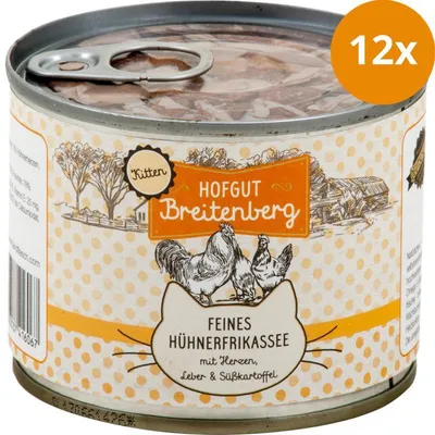 Produktbild von Hofgut Breitenberg Feines Hühnerfrikassee, Adult, jede Rasse, Herz, Leber, Süßkartoffeln, 180 g, Ohne Soja