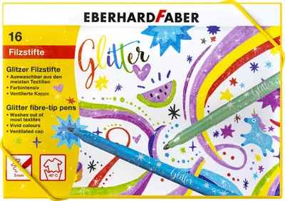 The image shows the packaging of EBERHARD FABER Glitter fibre-tip pens.
