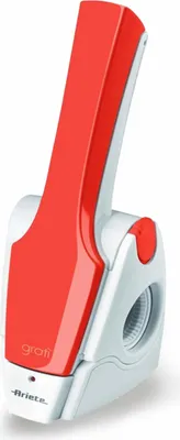 A product shot of a red and white electric cheese grater.
