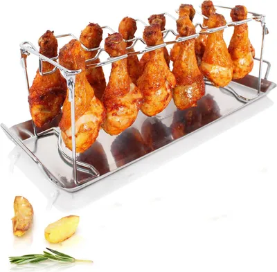 Produktbild von Hähnchenschenkel Halter inkl. Auffangschale + BBQ-Pinsel Hochwertiger Geflügelhalter aus Edelstahl für gleichmäßig gegarte Hähnchenkeulen aus dem Backofen oder vom Grill