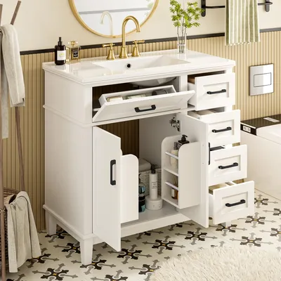 Produktbild von Flieks Badezimmer-Standschrank mit Schublade, Doppelschranktürregal, Schwarzer Griff, integriertes Keramikwaschbecken, Waschtisch, Standschrank, Weiß