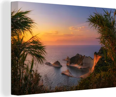 Produktbild von OneMillionCanvasses® - Leinwandbilder - 140x90 cm, Sonnenuntergang vor der Küste von Korfu, Griechenland, Wandbilder Kunstdruck Wanddekoration - Foto auf Leinwand - Gemälde auf