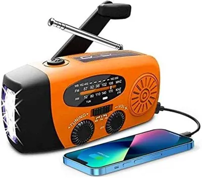 Produktbild von Solarbetriebene Notfunkgerät – Handliches Oranges Wettergerät Mit Dynamo – Handfunkgerät Mit AM/FM/NOAA – USB-Ladefunktion Für Handy – 3 Ladearten – 2000mAh Akku – LED-Taschenlampe – SOS-Alarm – Camping- und Notfallfunkgerät