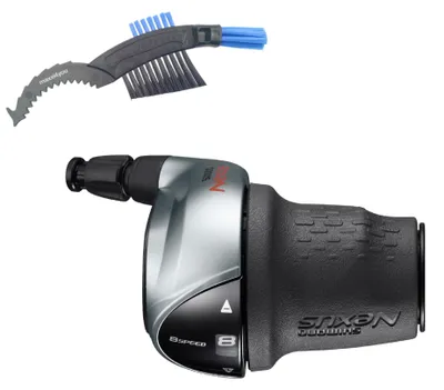 Produktbild von SHIMANO Nexus SL-C6000 Drehgriffschalter 8-Gang rechts inkl. Schaltzug silber inkl. maxxi4you Fahrrad Kettenbürste