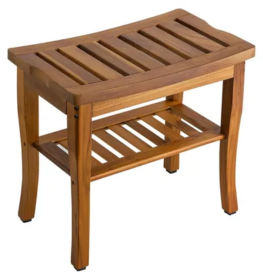 Productafbeelding van Douchebank teak - Badkamerkruk - Massief teakhout - 2 niveaus - Antislip - Met opbergrek