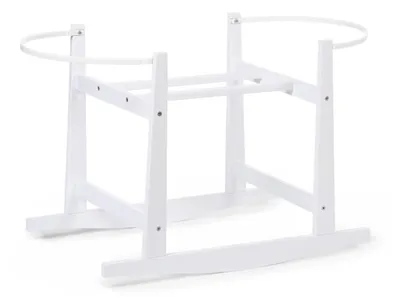 A white wooden stand for a baby bassinet, shown against a white background.