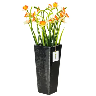 Imagen del producto de Jarrón de cerámica, color  con detalles plateados brillantes. Altura: 25 cm. Jarra decorativa para mesa, diseño cuadrado, ideal para flores y decoración, como orquídeas. Estilo moderno y elegante