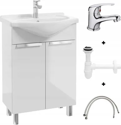 A white bathroom vanity set with a sink, faucet, and plumbing accessories displayed against a white background.