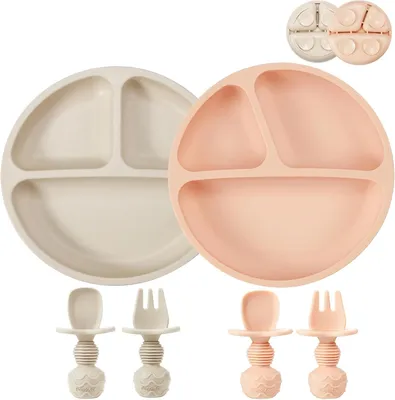 Produktbild von PandaEar Kindergeschirr-Set – Babygeschirr – Unterteilt – Set mit 2 Stück – Mit Saugnapf – 2 Babylöffel – 2 Gabeln – Aus Silikon – Rutschfest – BPA-frei