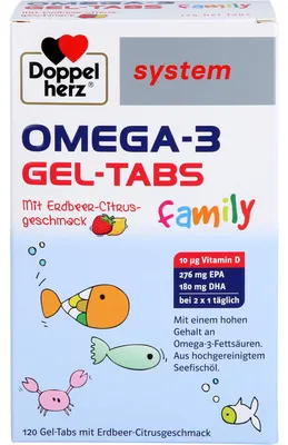 Obrázek produktu pro Doppelherz system Omega-3 family Gel-Tabs příchuť jahoda-citrus, 120 žvýkacích tablet