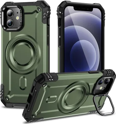 Produktbild von Magnetisch Hülle für iPhone 12/iPhone 12 Pro, Heavy Duty Militärischer Stoßfest Handyhülle Kamera-Ringständer Grün