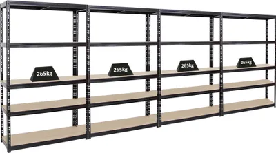 Produktbild von Mega Deal | 4x Schwerlastregal Giant Tiger | HxBxT 200x120x40cm | Fachlast 265kg | 5-Ebenen | Schwarz | Garagenregal, Lagerregal, Steckregal, Kellerregal, Werkstattregal