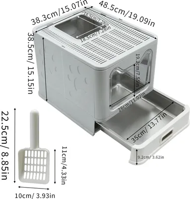 Image de Litière pour chat avec couvercle - Litière pour chat - Entrée par l'avant et sortie par le dessus - Entièrement fermée - Livrée avec une pelle - Facile à nettoyer - Gris