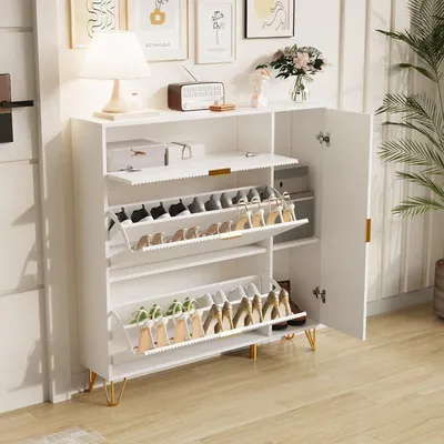 Produktbild von Moderner Schuhschrank in Weiß, 110x24x111 cm, mit 2 Klappen und 2 Türen, schmale Schuhkommode für den Flur, platzsparender Schuhkipper