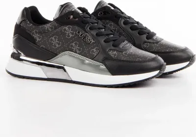 A pair of black and gray Guess sneakers with a monogram pattern and silver accents on a white background.