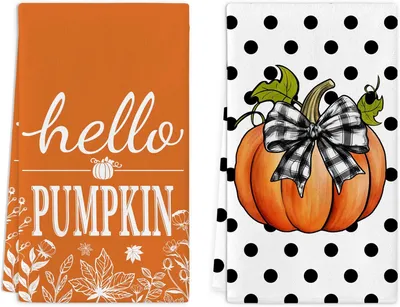 Productafbeelding van Herfst keukenhanddoeken set van 2 met pompoenontwerp