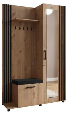 Produktbild von Margaret Hadas24 Garderobe NELI mit Lamellen und Spiegel, Garderobenset mit Sitzbank und Schuhschrank für Flur, (artisan, schwarz) links