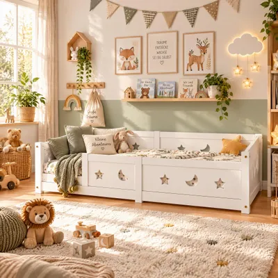 Imagen del producto de Cama BPKADHY, 90x200 cm, estilo Montessori con somier, diseño con motivos de estrellas y lunas, cama individual para niños, fabricada en madera maciza de pino, color blanco