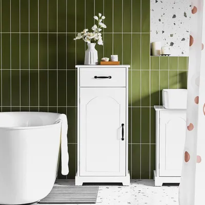 Produktbild von Badezimmerschrank, Schmaler Badschrank mit verstellbaren Einlegeböden in Holz, modernes Badmöbel für kleine Badezimmer – Kommode mit Offene Regale, Weiß, 42x30x93cm, BZR207-W